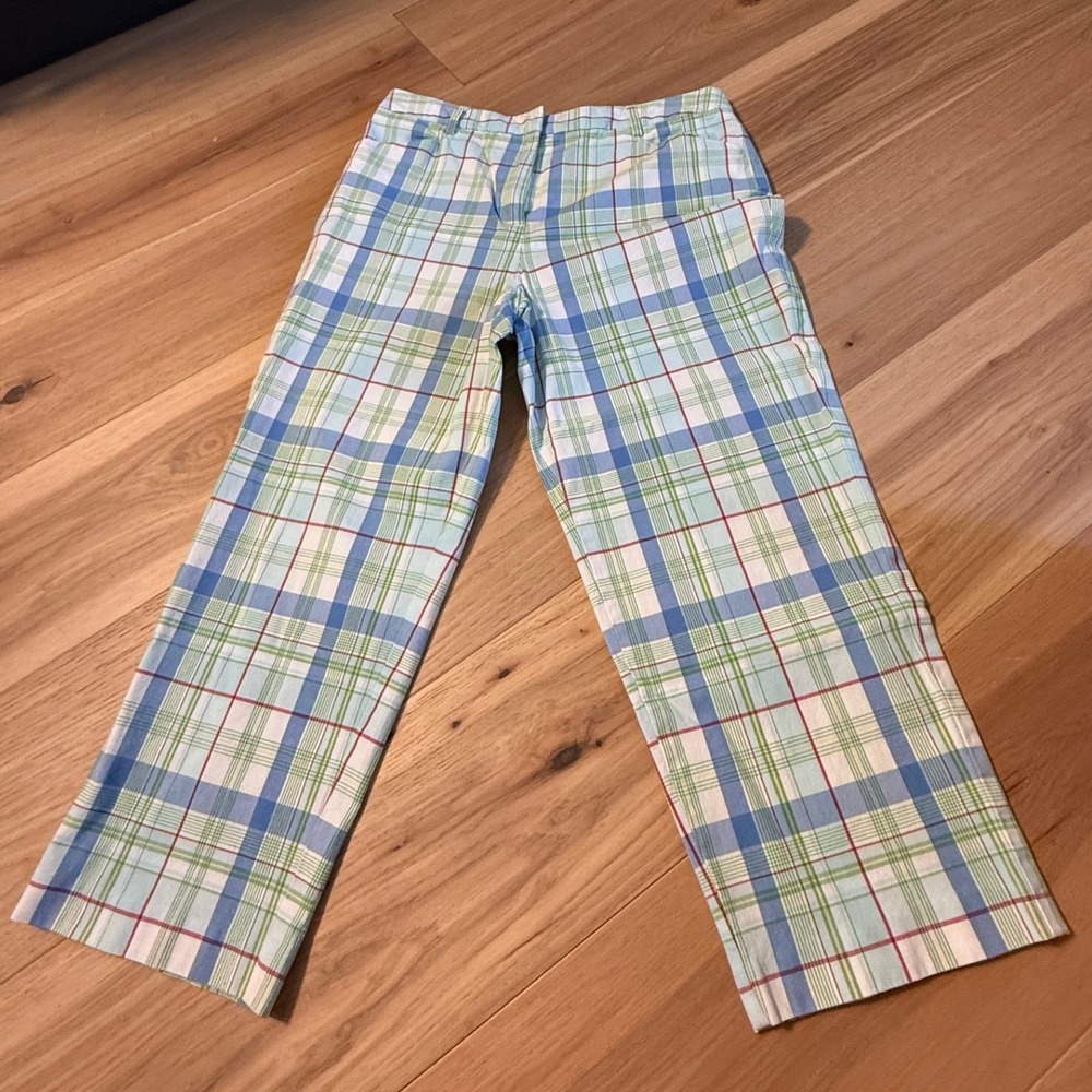 Talbots Plaid Pants Women 10 Blue Green White Stretch Straight Leg Trousers